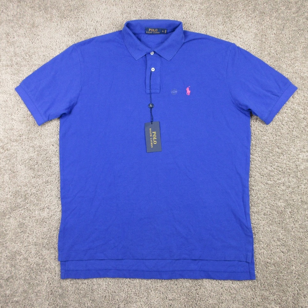 Polo Ralph Lauren Shirt Mens Large Blue Pink Pony Pique Knit Golf Tennis NEW